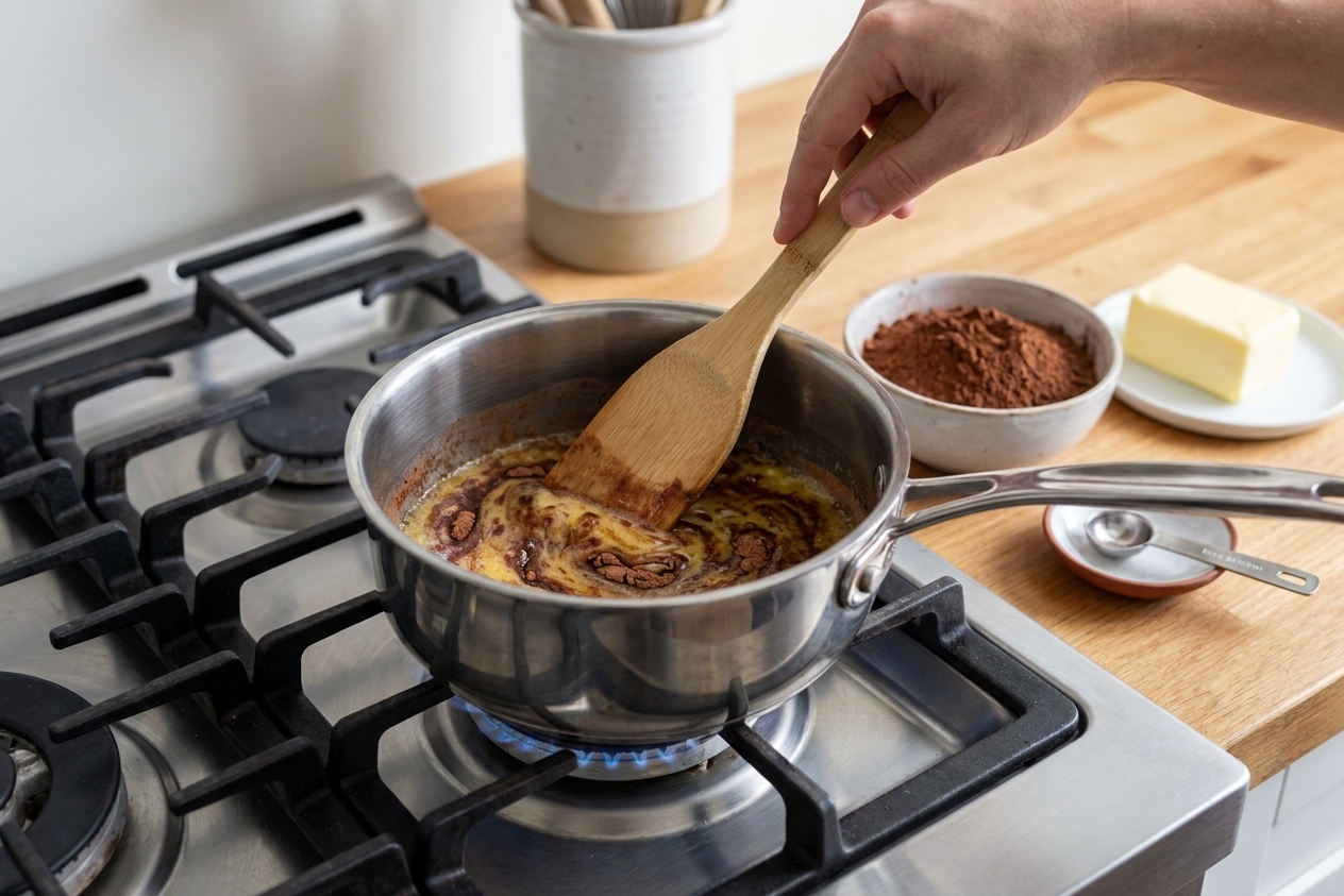A saucepan on a stove with melted butter and cocoa being stirred with a spatula, ingredients nearby on a tidy kitchen counter