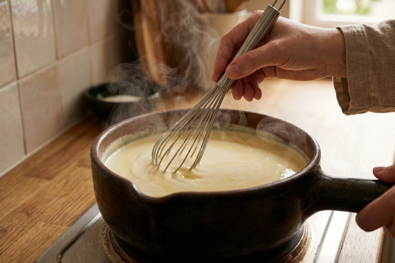 A saucepan on a stove with milk and cream steaming gently as a whisk stirs