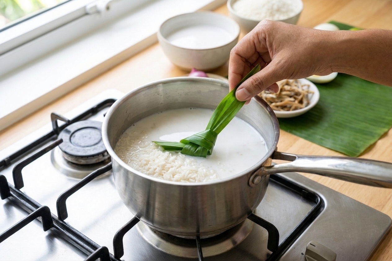 A saucepan on a stove with rinsed jasmine rice, coconut milk, water, and a tied pandan leaf ready to simmer