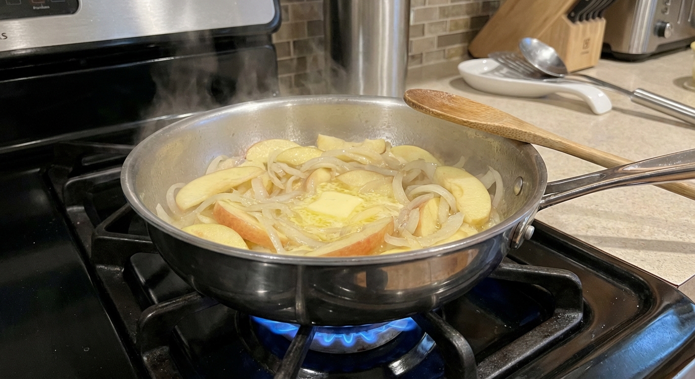 A saucepan on a stove with sliced apples and onions simmering in butter, steam rising