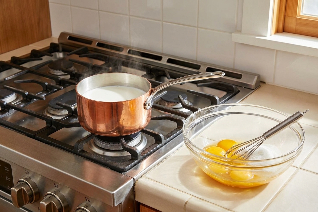A saucepan on a stove with whole milk warming while egg yolks and sugar sit in a bowl nearby on a clean kitchen counter