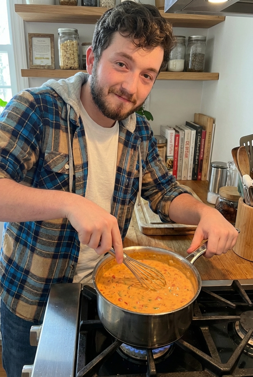 A saucepan on a stovetop with Rotel dip being stirred until smooth and creamy