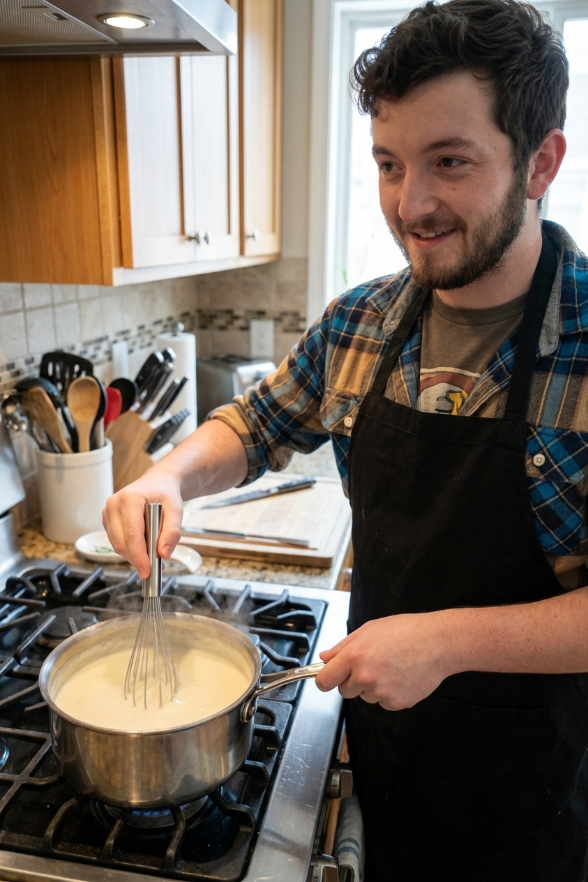 A saucepan on a stovetop with a whisk stirring a smooth, creamy white cheddar cheese sauce, steam rising, photorealistic cooking scene with neutral kitchen background