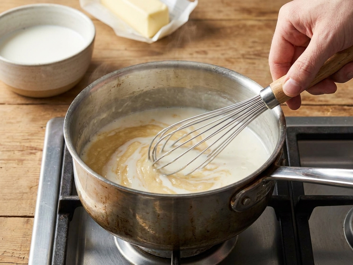 A saucepan on a stovetop with a whisk stirring milk into a butter and flour roux, the sauce turning smooth and creamy as it thickens