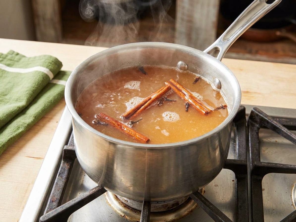 A saucepan on a stovetop with apple cider simmering, with cinnamon sticks and cloves floating on top