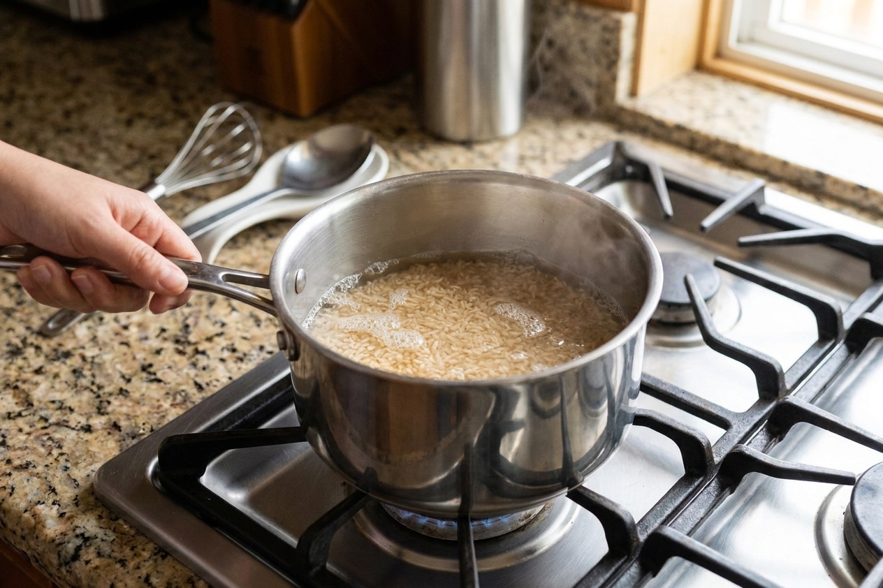 A saucepan on a stovetop with brown rice and water just starting to boil, small bubbles forming around the edges