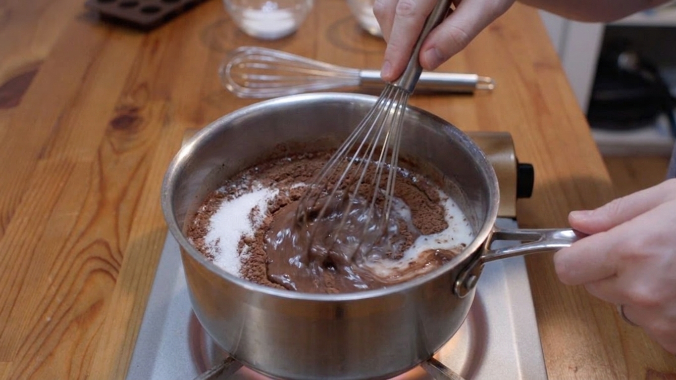 A saucepan on a stovetop with cocoa, sugar, and milk being whisked together into a smooth chocolate mixture