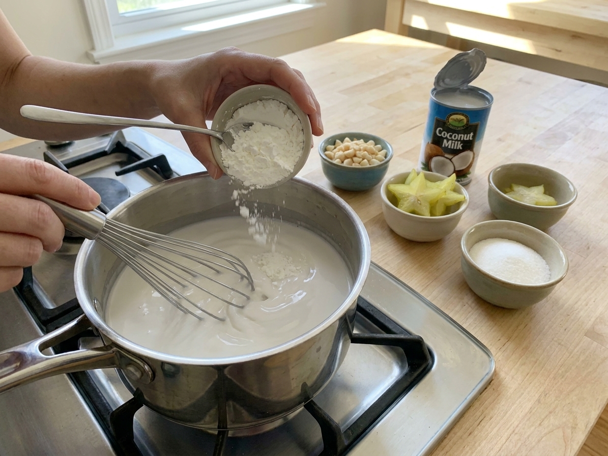 A saucepan on a stovetop with coconut milk being whisked smooth while cornstarch is mixed in, with measured ingredients nearby on the counter