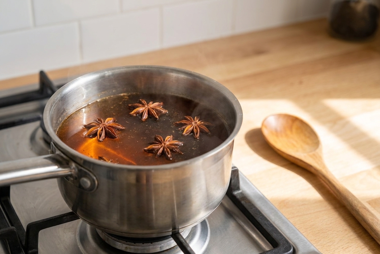 A saucepan on a stovetop with dark tea steeping, star anise floating on top, and a wooden spoon resting nearby