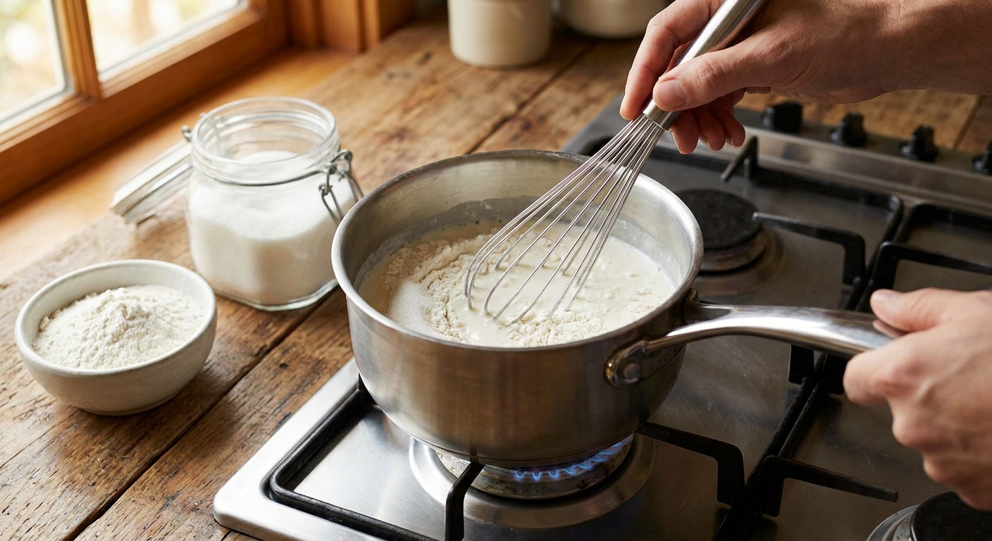 A saucepan on a stovetop with flour, sugar, and milk being whisked together until smooth