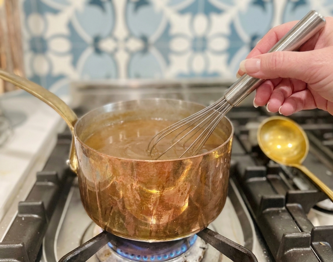 A saucepan on a stovetop with gravy being whisked until smooth and glossy, steam rising under warm kitchen lighting