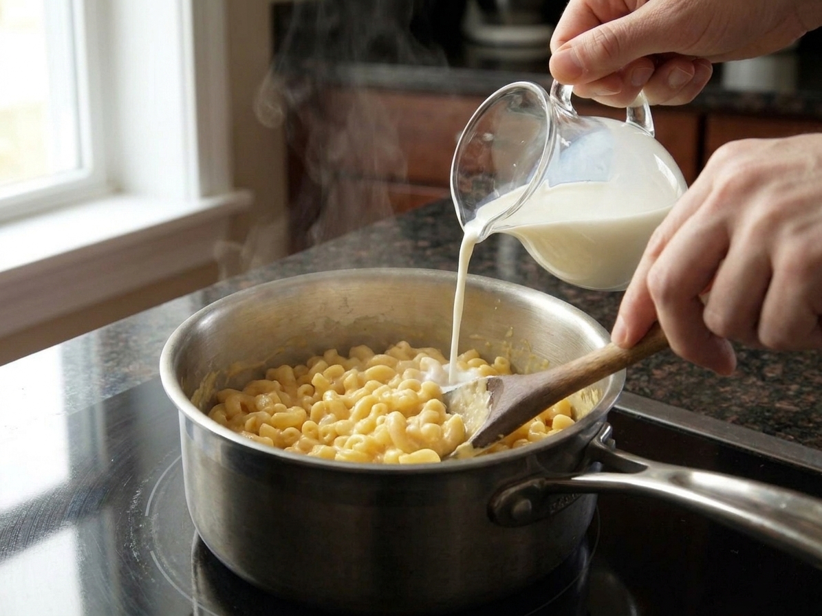 A saucepan on a stovetop with leftover mac and cheese being stirred with a wooden spoon as a small splash of milk is added