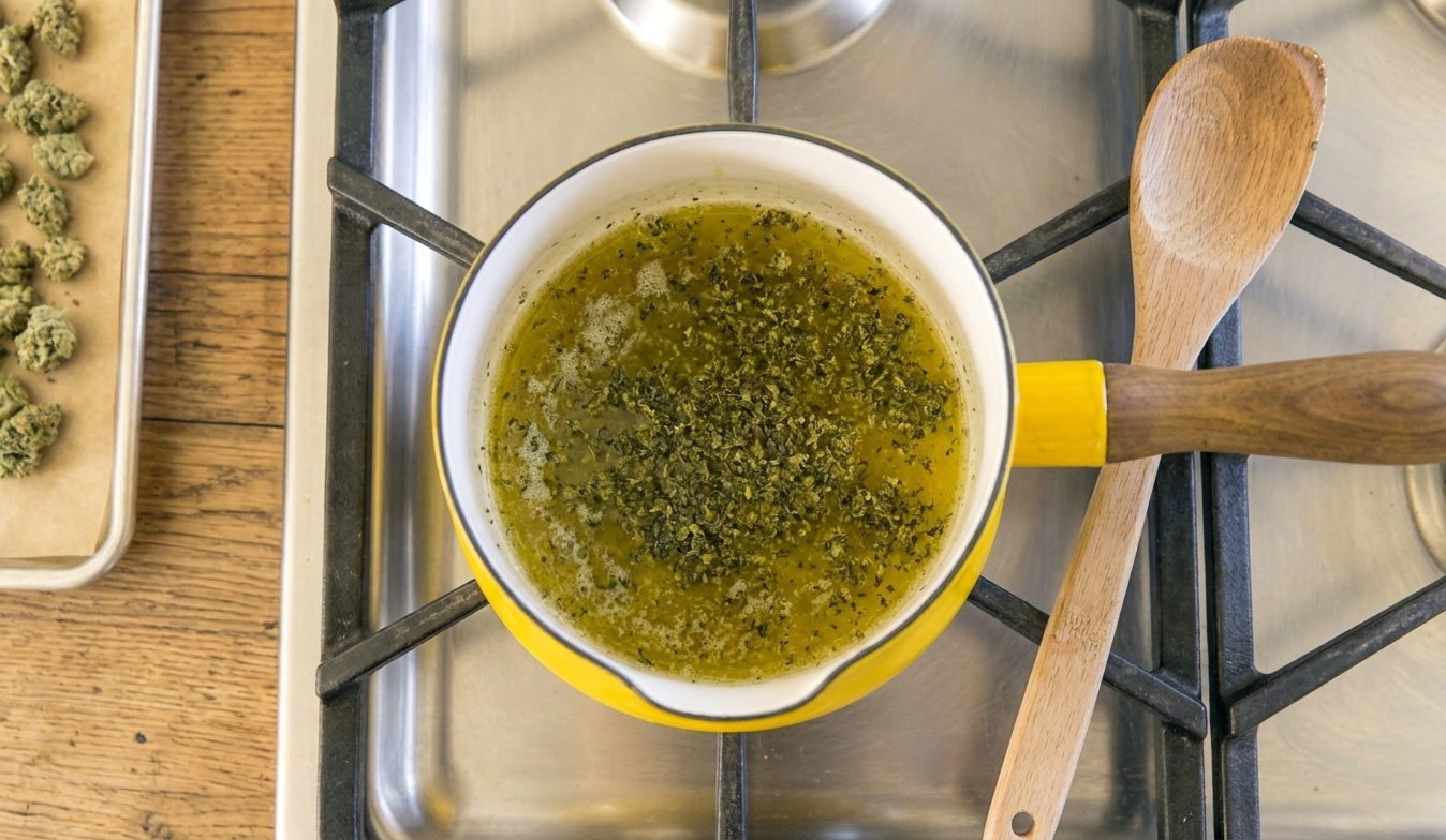 A saucepan on a stovetop with melted butter and cannabis gently heating, with only tiny bubbles at the edges, a wooden spoon resting beside the pot, warm kitchen lighting