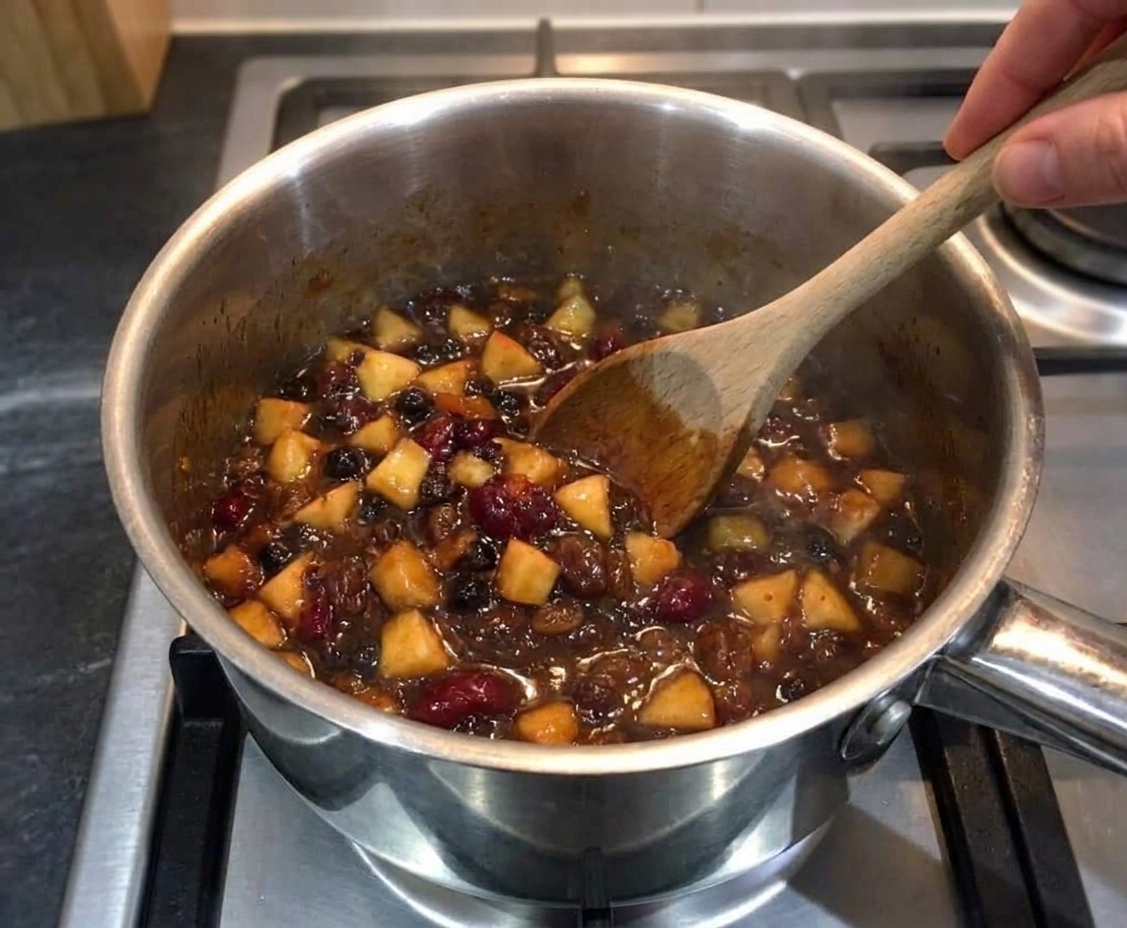 A saucepan on a stovetop with mincemeat gently simmering, a wooden spoon stirring through glossy dried fruit and diced apples