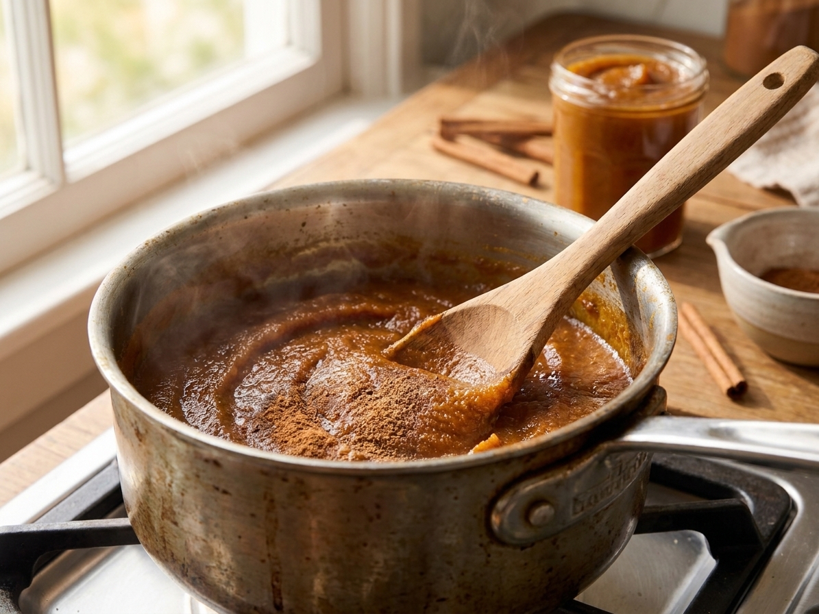 A saucepan on a stovetop with pumpkin puree and spices being stirred with a wooden spoon, steam rising in a cozy home kitchen