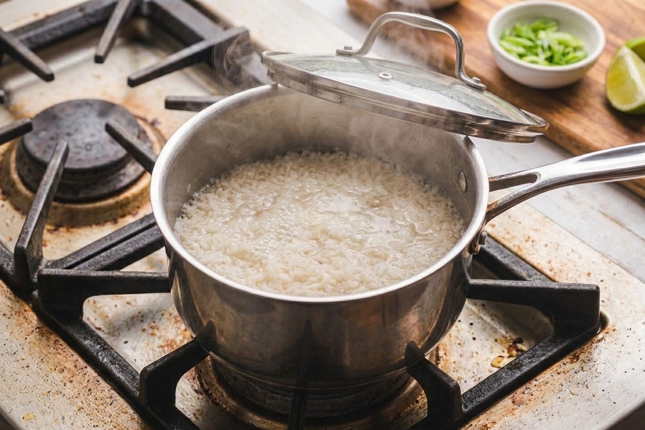 A saucepan on a stovetop with rice simmering gently, lid tilted slightly with steam visible, warm kitchen lighting