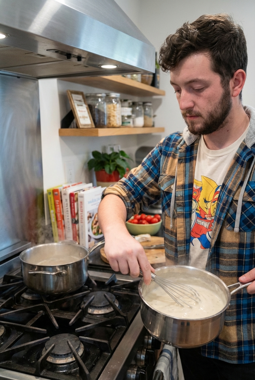 A saucepan on a stovetop with white gravy being whisked until smooth