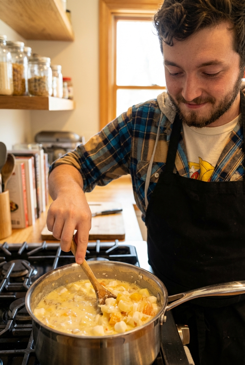 A saucepan on the stove with a creamy ambrosia mixture being stirred with a wooden spoon