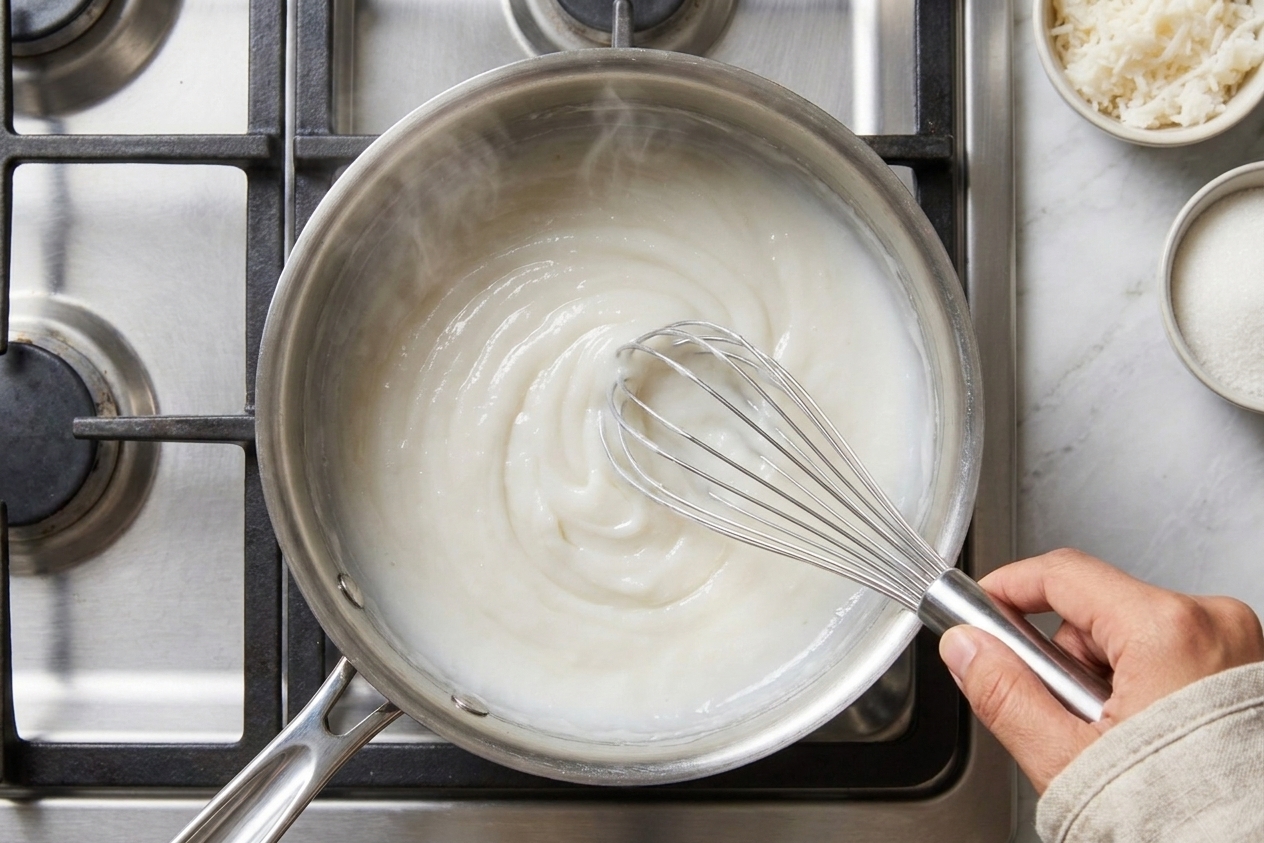 A saucepan on the stove with a whisk stirring a thick, glossy coconut topping that is lightly steaming