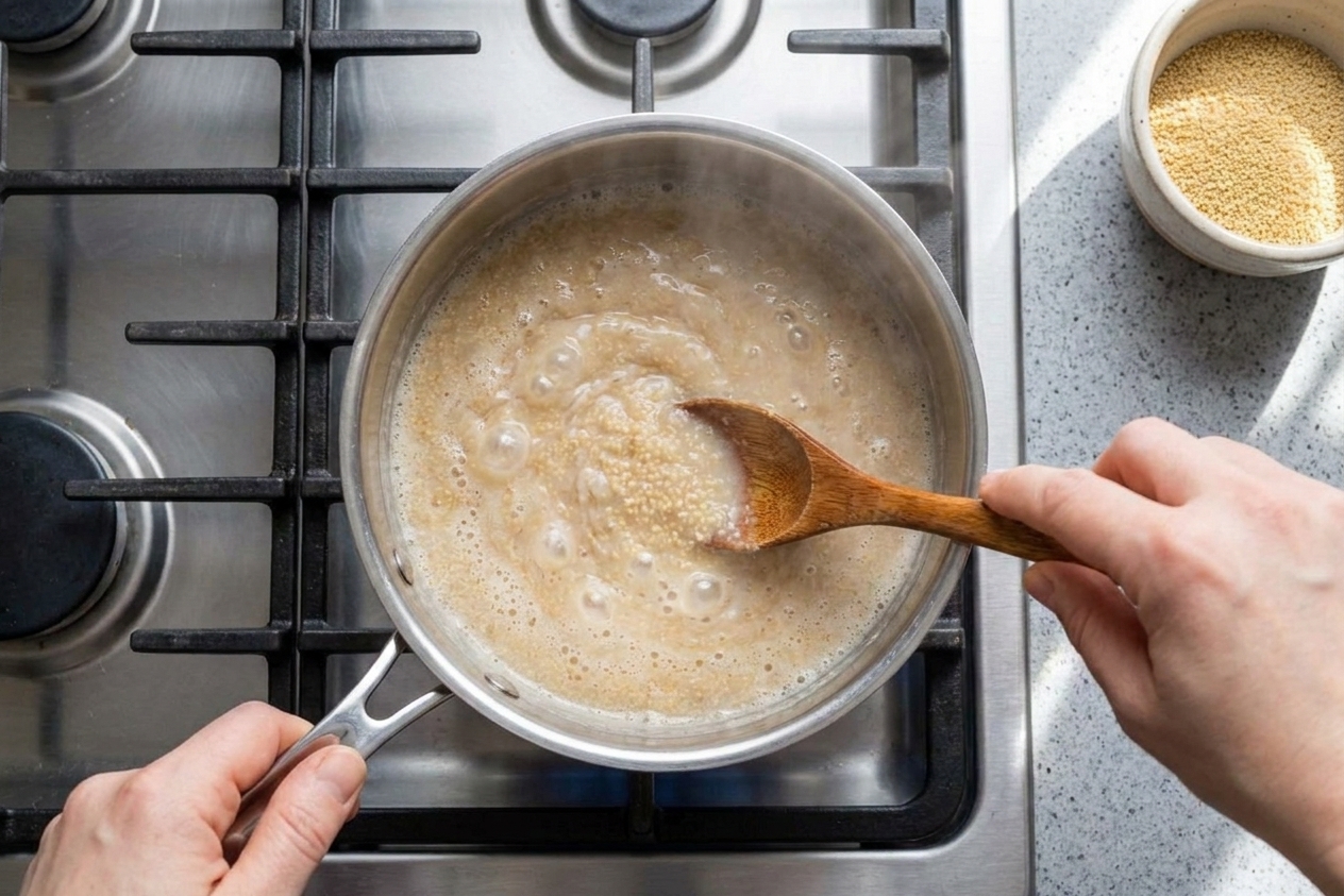 A saucepan on the stove with amaranth porridge gently bubbling while a wooden spoon stirs it