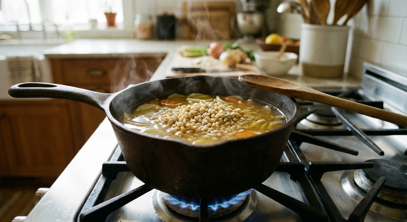 A saucepan on the stove with barley simmering gently in clear broth