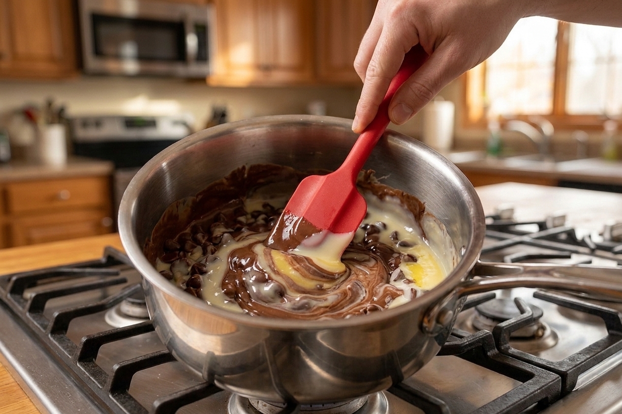 A saucepan on the stove with chocolate, condensed milk, and butter melting together while a hand stirs with a rubber spatula