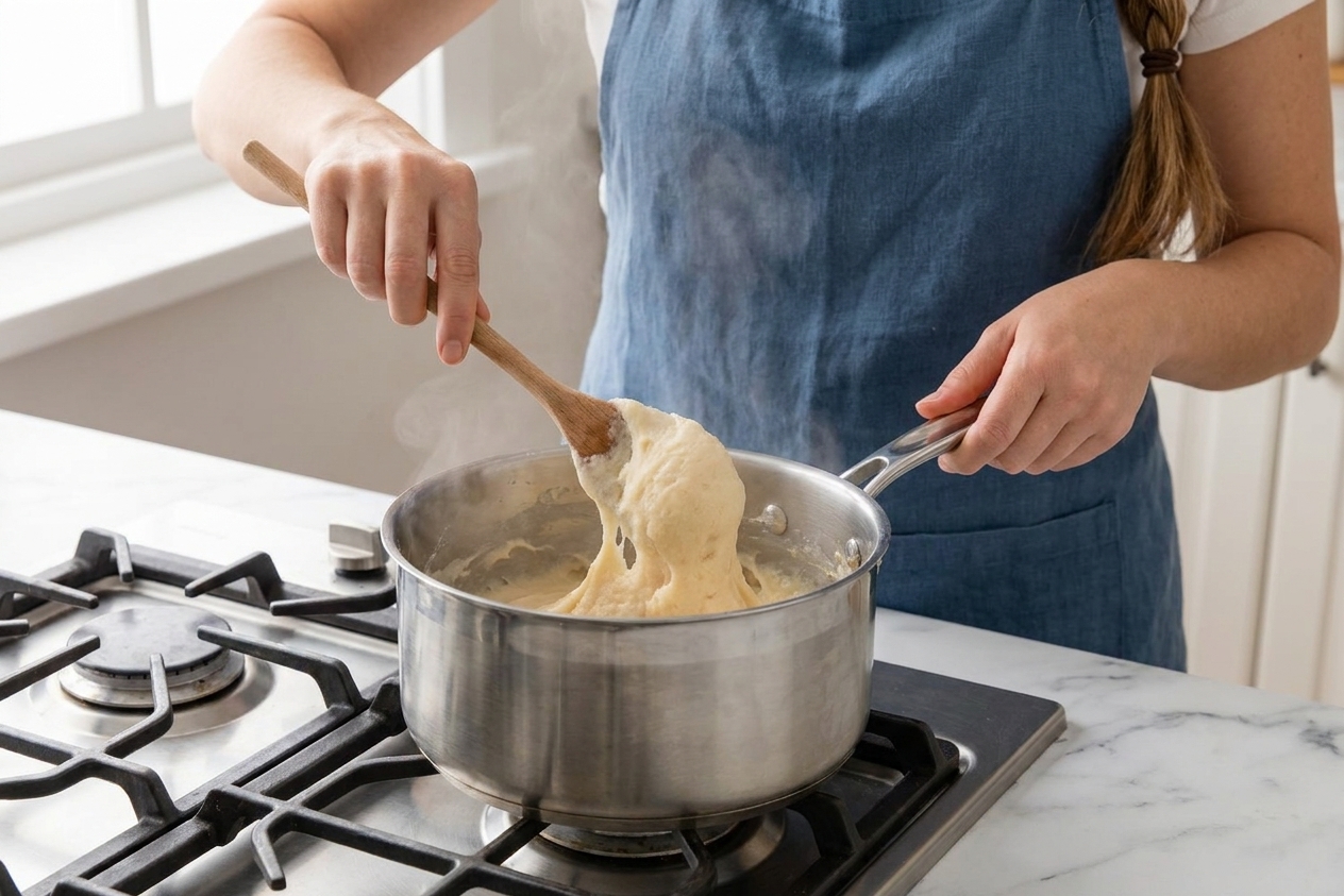 A saucepan on the stove with choux panade dough being stirred vigorously with a wooden spoon as it pulls away from the sides