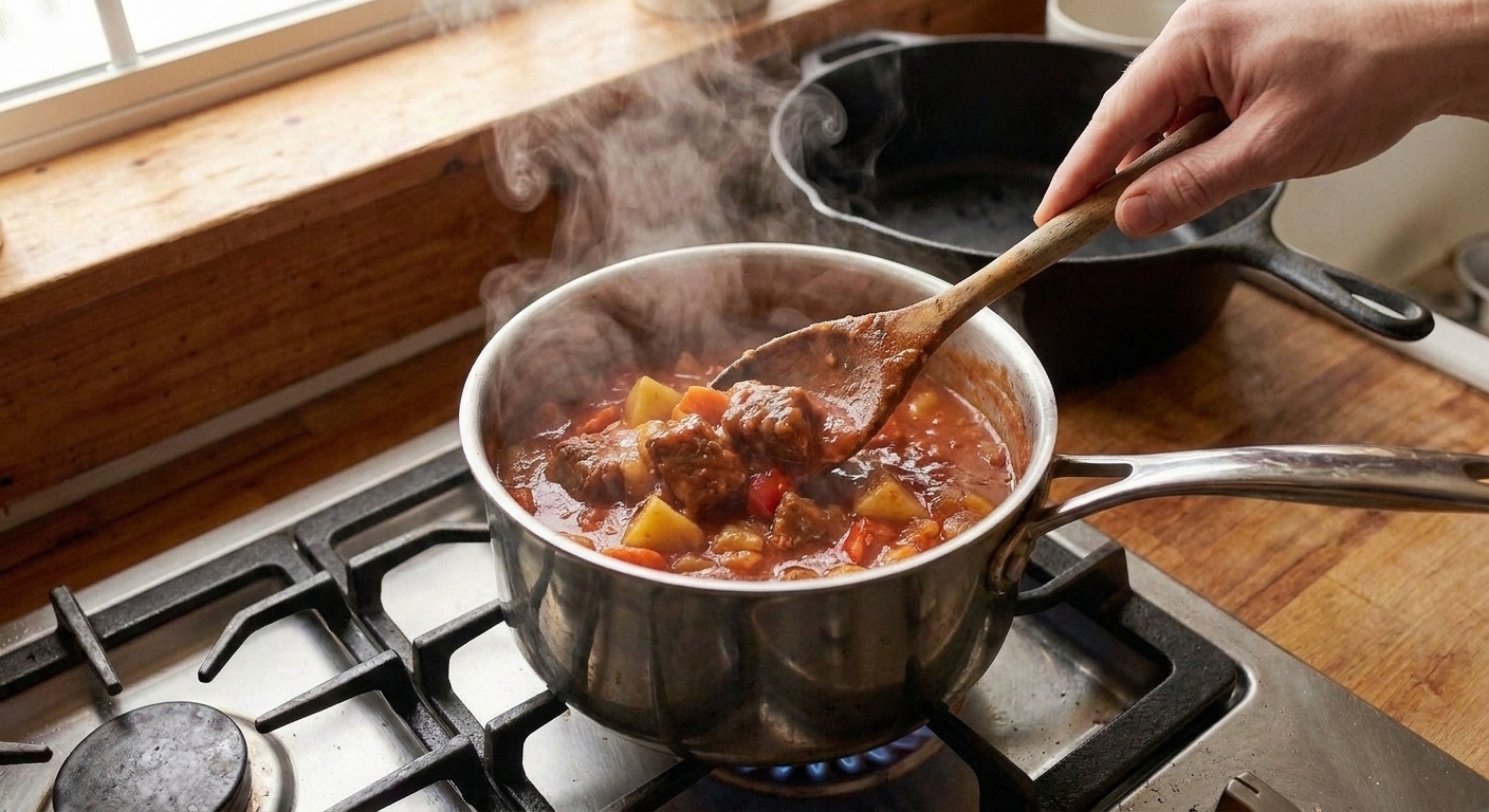 A saucepan on the stove with leftover beef caldereta being reheated, a wooden spoon stirring the thick tomato sauce as steam rises