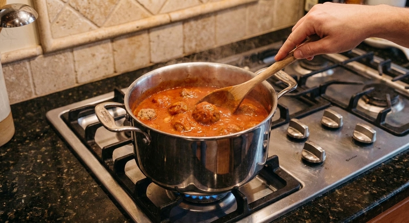 A saucepan on the stove with meatballs simmering in marinara sauce as a wooden spoon stirs