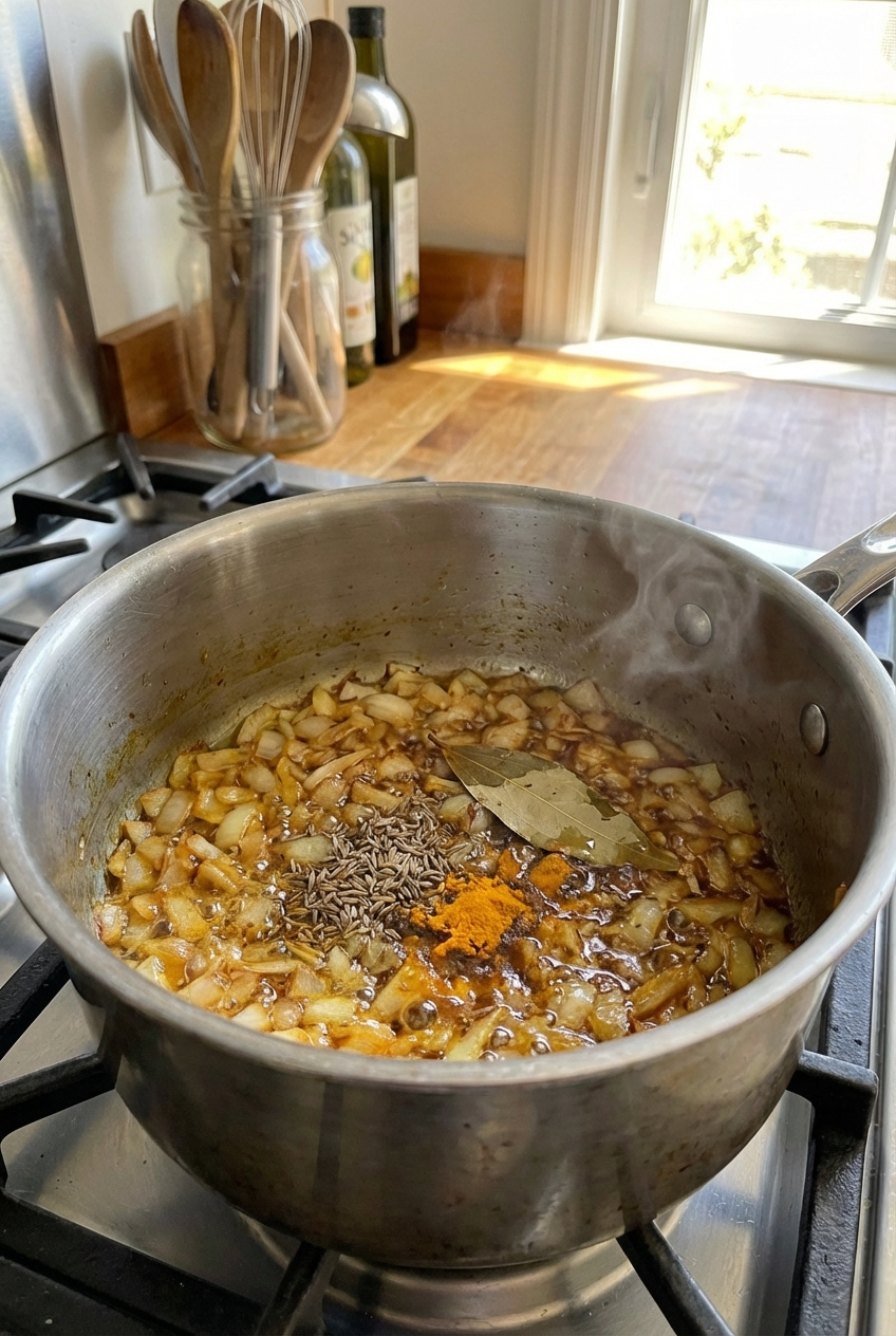 A saucepan on the stove with onions and spices sizzling in oil, showing the early base for chhole masala