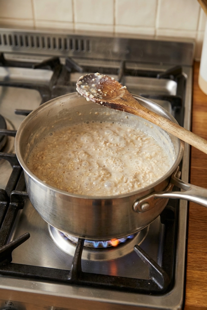 A saucepan on the stove with porridge gently simmering and a wooden spoon resting on the rim
