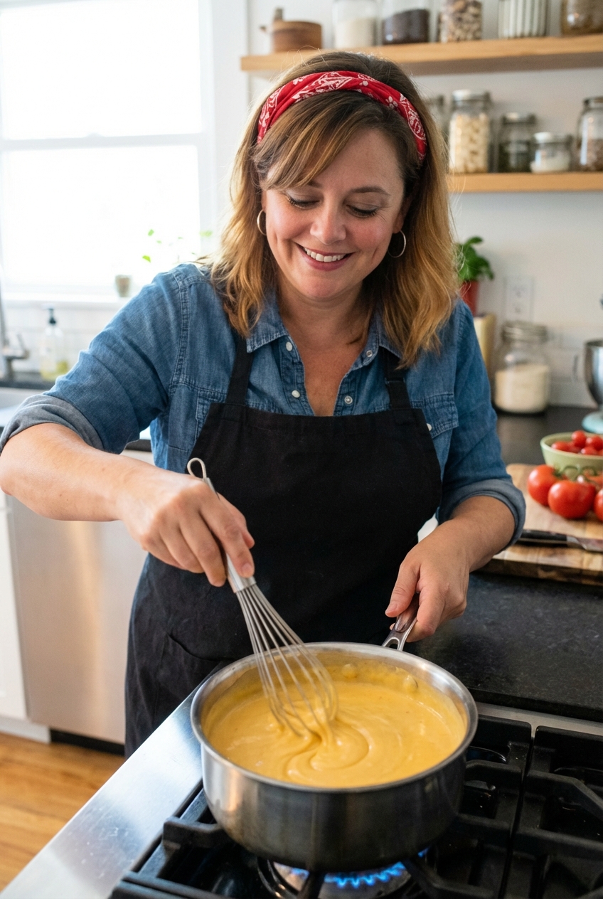 A saucepan on the stove with queso being whisked until smooth