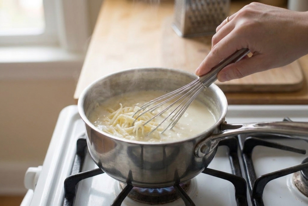 A saucepan on the stove with queso blanco being whisked as the cheese melts into the milk, smooth and creamy texture forming