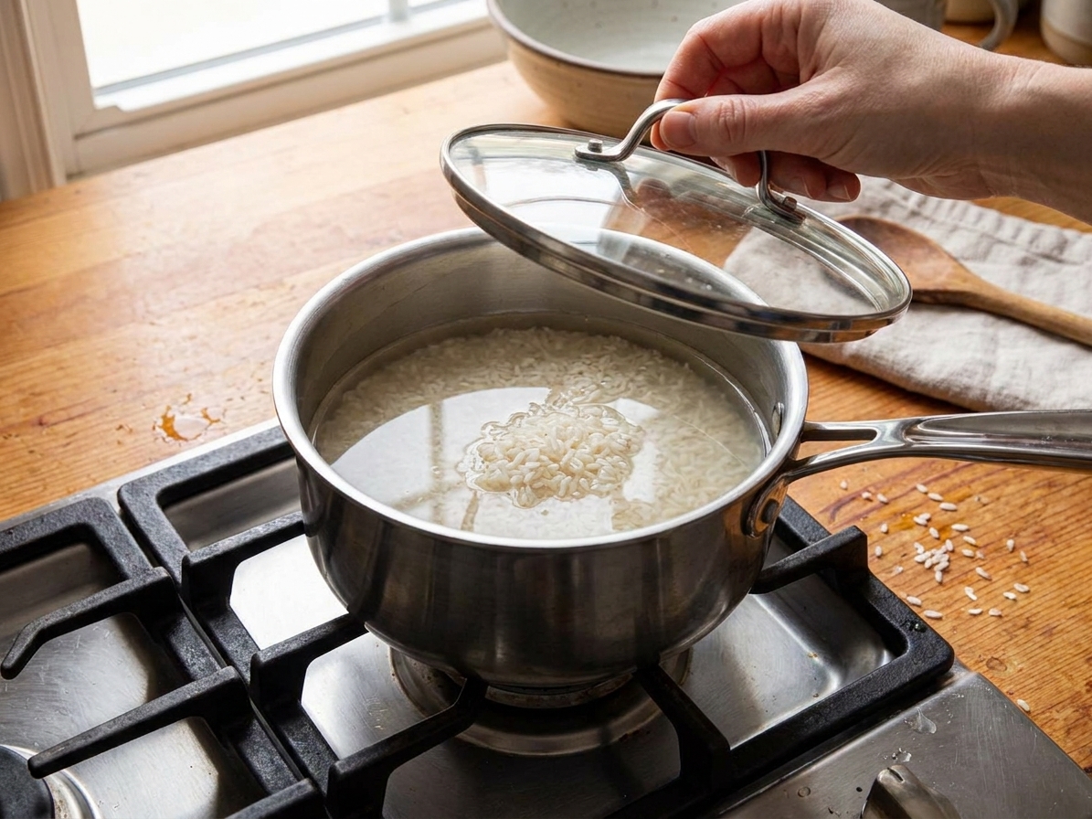 A saucepan on the stove with rice and water just added, before it comes to a simmer