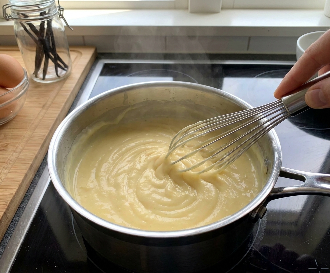 A saucepan on the stove with vanilla custard being whisked until smooth, steam rising in a home kitchen
