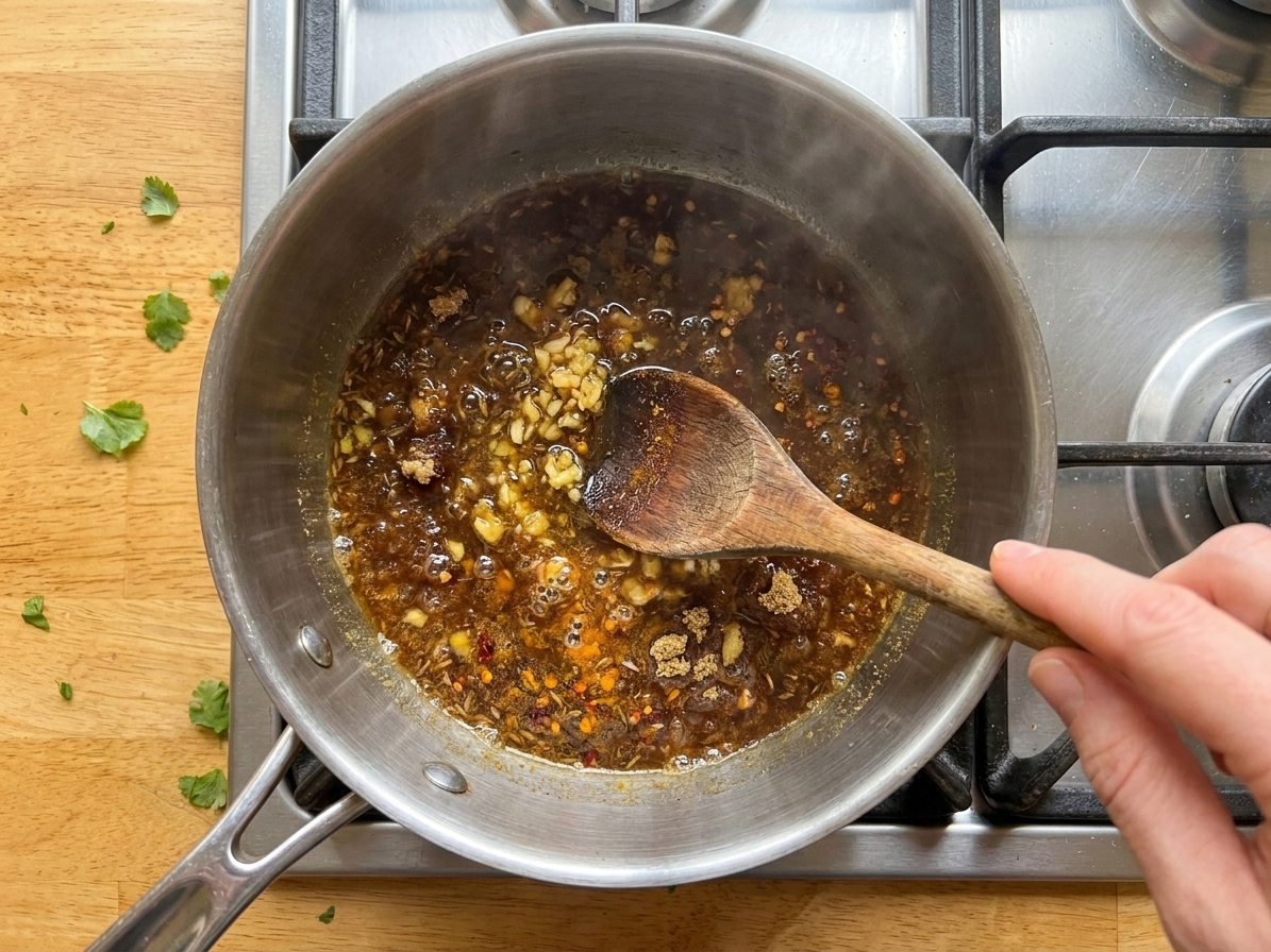 A saucepan on the stove with vinegar, brown sugar, and spices being stirred together with a wooden spoon