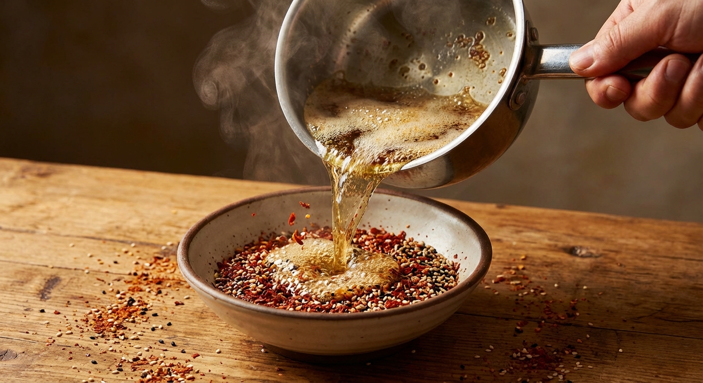 A saucepan pouring hot oil over a bowl of chili flakes and sesame seeds