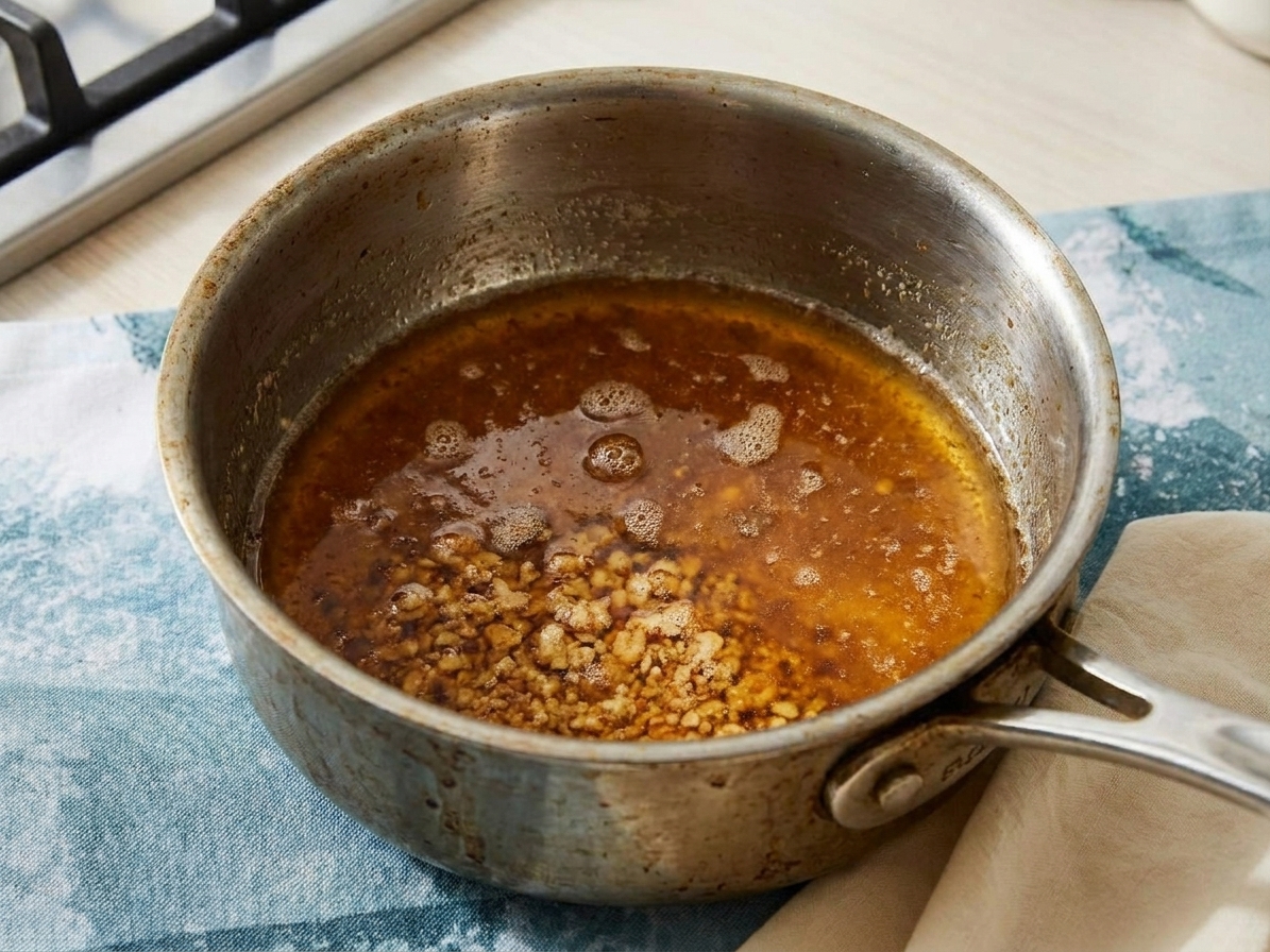 A saucepan with browned butter showing golden brown milk solids at the bottom