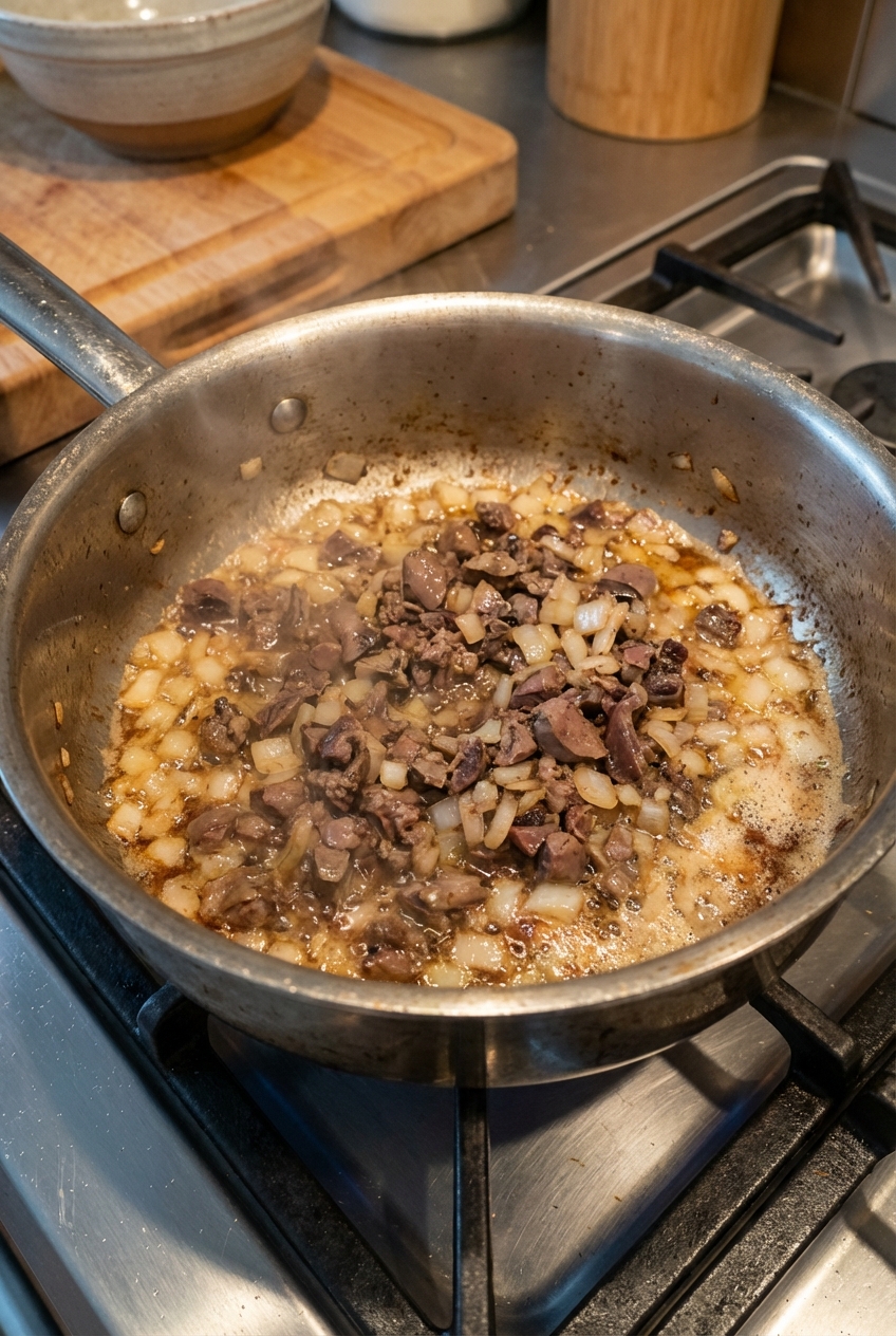 A saucepan with chopped giblets and onions sizzling in butter