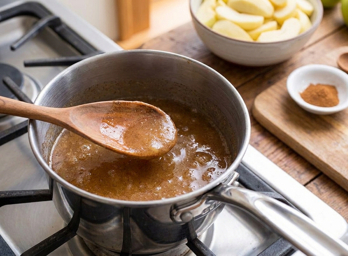 A saucepan with cinnamon-speckled sugar syrup gently simmering on the stovetop
