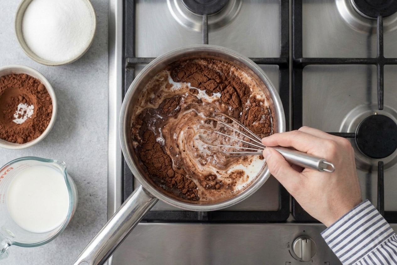 A saucepan with cocoa and milk being whisked into a smooth chocolate base before heating