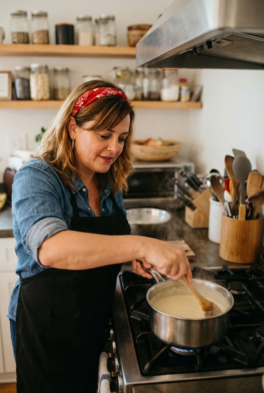 A saucepan with pale vanilla custard being stirred with a wooden spoon on a stovetop