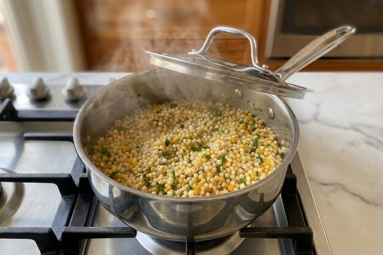 A saucepan with pearl couscous simmering on a stovetop, lid slightly tilted with steam escaping