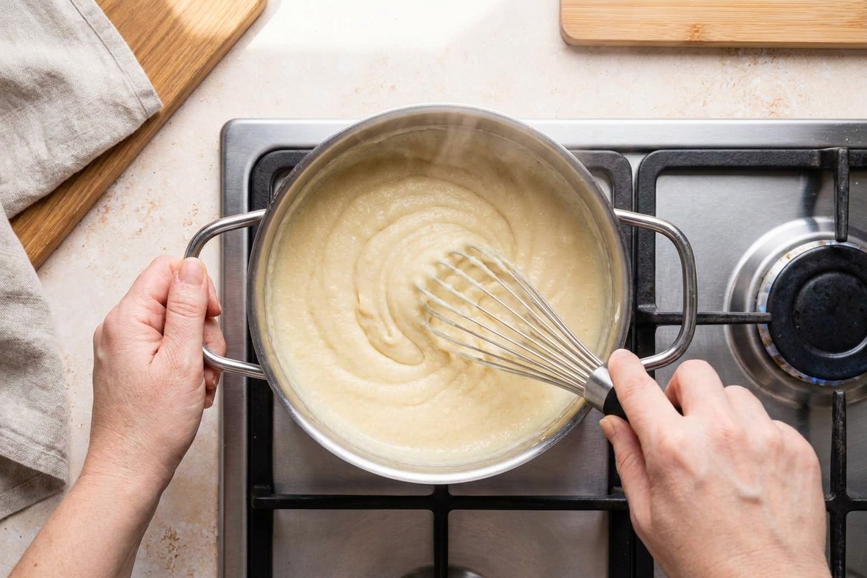 A saucepan with thick semolina mixture being whisked on a stovetop