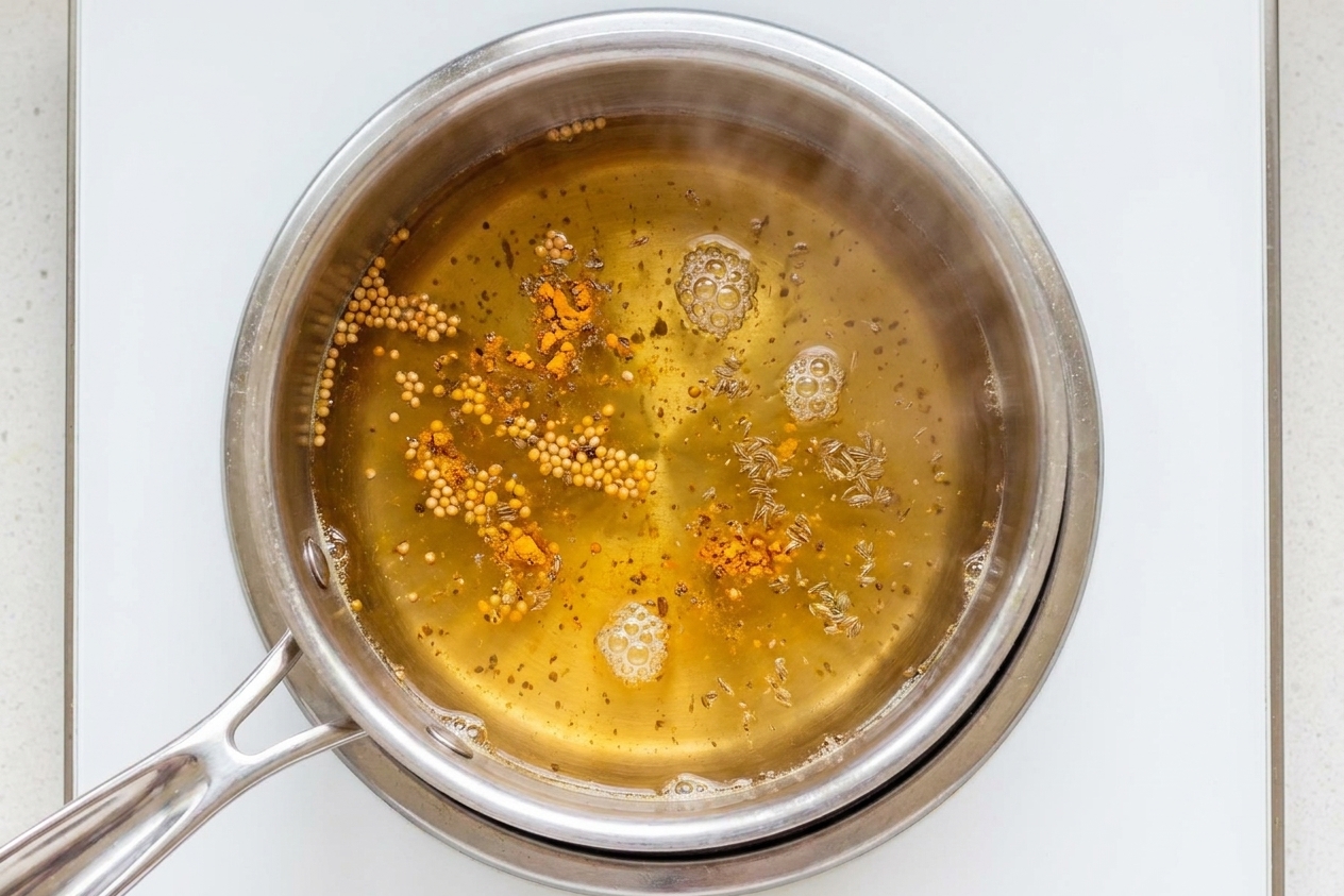 A saucepan with vinegar and sugar mixture simmering on a stovetop with spices visible on the surface
