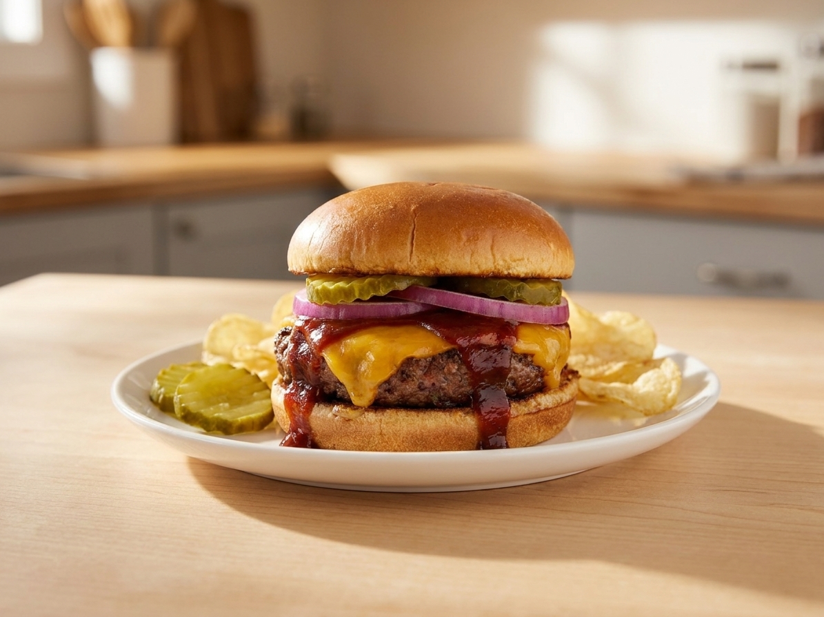 A saucy barbecue cheeseburger with melted cheddar, pickles, and red onion on a toasted bun, served on a simple plate on a wooden table in warm natural light