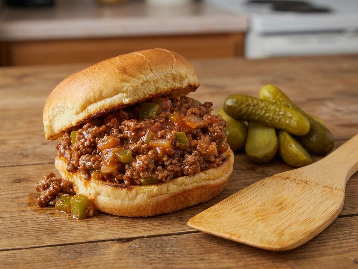 A saucy homemade sloppy joe sandwich on a toasted bun with a side of pickles on a simple wooden table