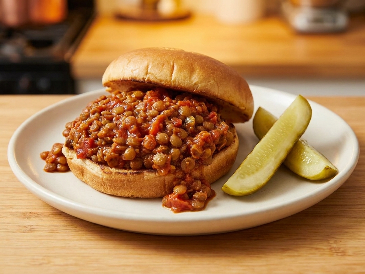 A saucy lentil sloppy joe piled high on a toasted bun with pickles on a simple dinner plate, warm kitchen lighting