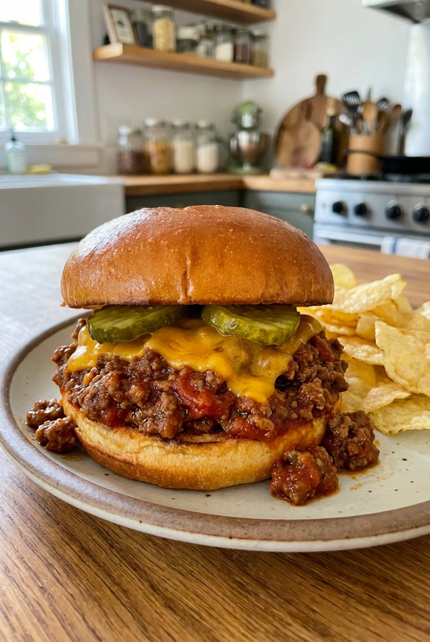 A saucy sloppy joe sandwich on a toasted bun with melted cheese and pickles, sitting on a plate with chips in the background