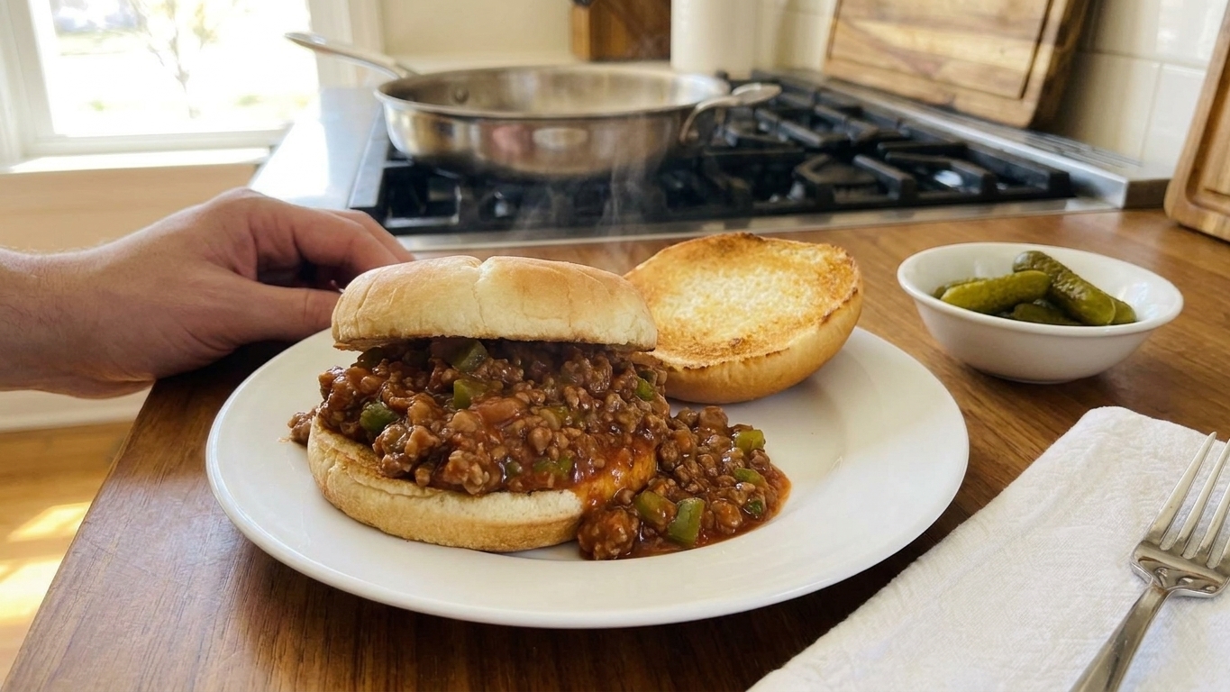 A saucy sloppy joe sandwich on a toasted bun with a side of pickles on a simple wooden table, warm kitchen lighting